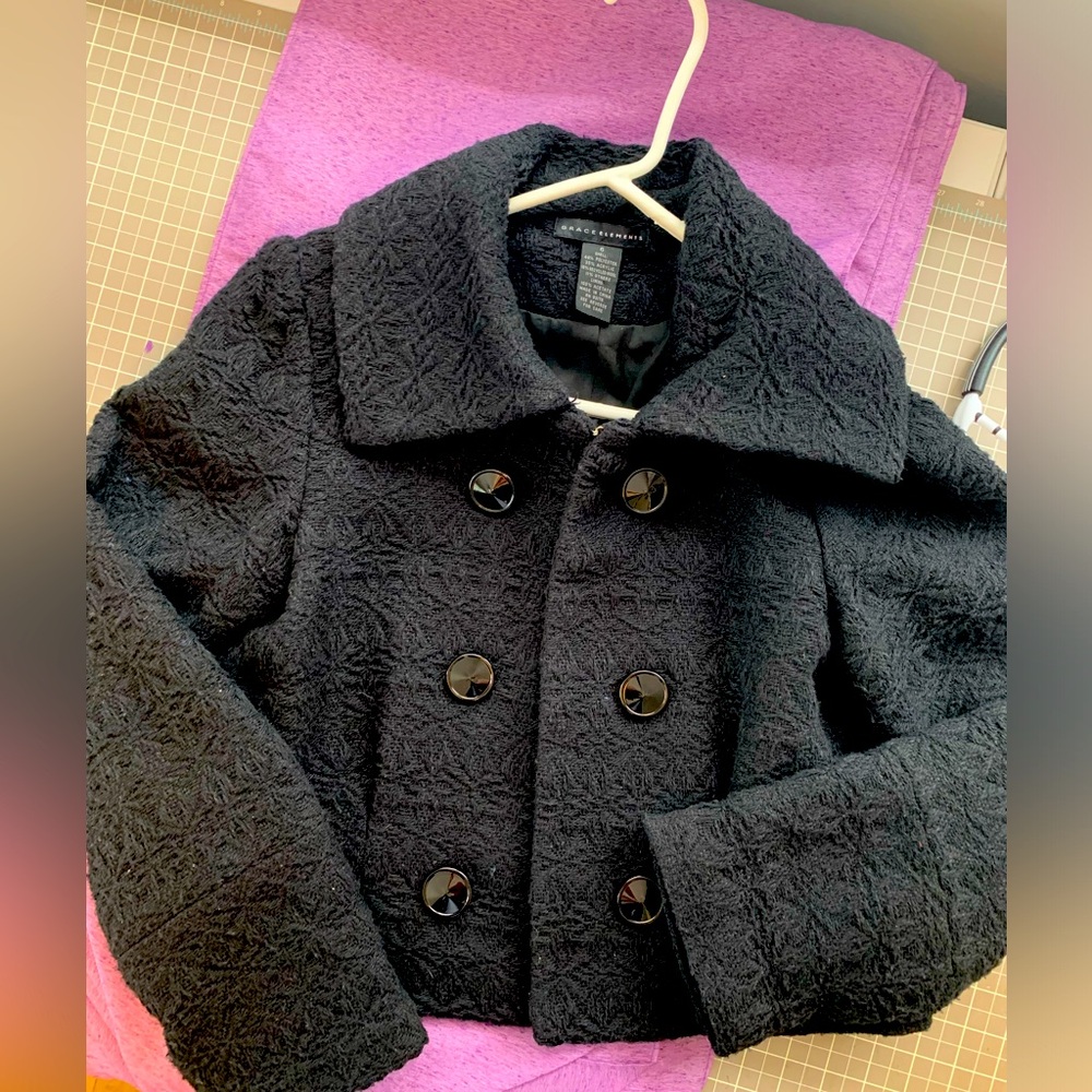 Vintage Black Peacoat Textured Fabric